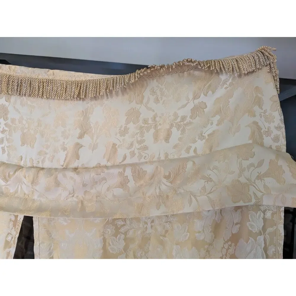 GOLD & Cream DAMASK CURTAIN PANELS ATTACHED TASSLE VALANCE TIE BACKS 85 X 54